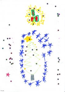 Kinderzeichnung mit Sternen und Tannenbaum
